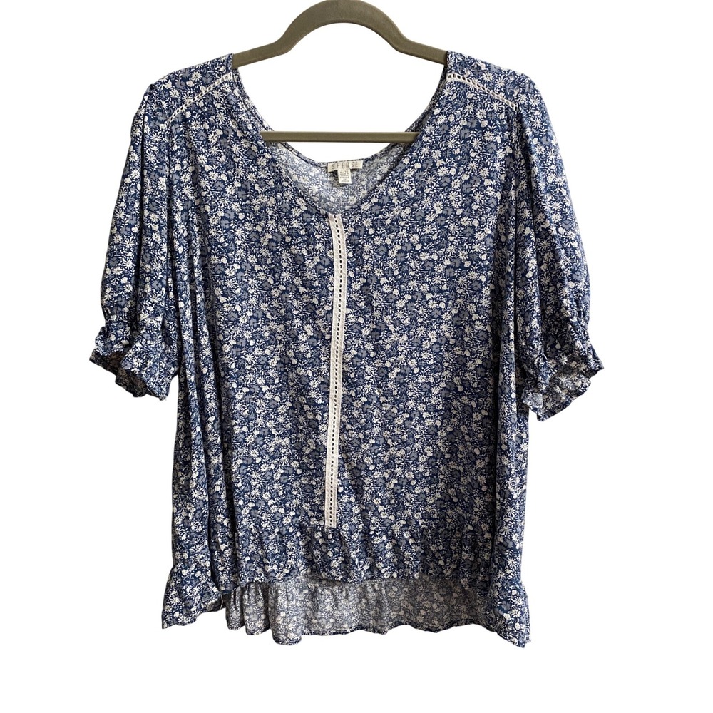Spense Blue Floral V-Neck Blouse XL Crochet Trim Puff Sleeve Ruffle Hem BK1L502
